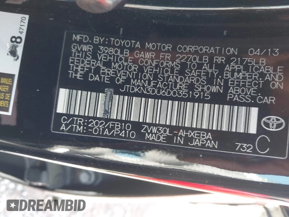 2013 Toyota Prius One with VIN JTDKN3DU6D0351915, listed as a IAAI auction lot 41867686 with 242,528 mi miles. Bid and sale history available at carsss.com. Image 9.