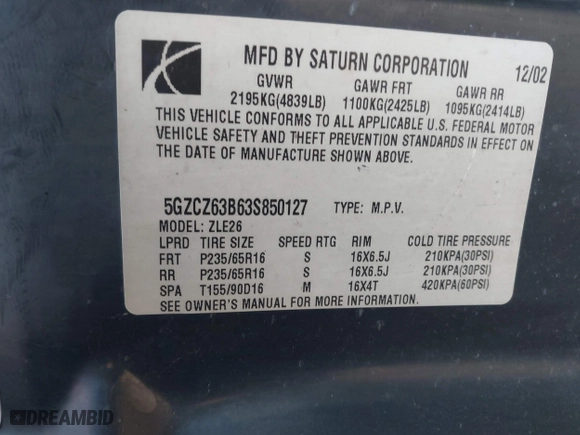2003 Saturn VUE with VIN 5GZCZ63B63S850127, listed as a IAAI auction lot 41605779 with 164,475 mi miles. Bid and sale history available at carsss.com. Image 9.