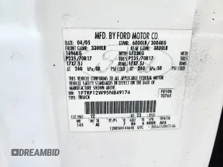 2005 Ford F-150 XL with VIN 1FTRF12W95NB49174, listed as a Copart auction lot 58858705 with 154,626 mi miles and Clean title. Bid and sale history available at DreamBid. Image 12.