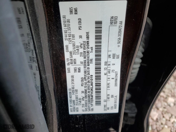 2019 Ford Ranger XL with VIN 1FTER4FH3KLA61019, listed as a Copart auction lot 53986625 with 51,639 mi miles and Salvage Title. Bid and sale history available at carsss.com. Image 13.