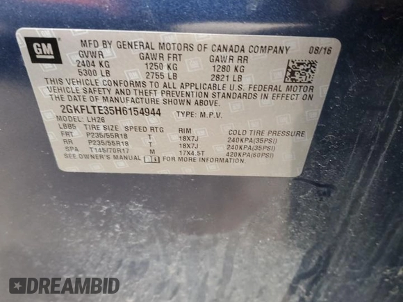 2017 GMC Terrain SLE with VIN 2GKFLTE35H6154944, listed as a Copart auction lot 52602825 with 65,610 mi miles and Clean Title. Bid and sale history available at carsss.com. Image 12.
