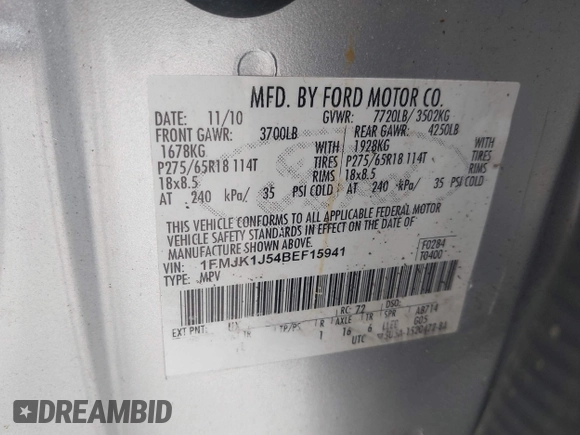 2011 Ford Expedition Max XLT with VIN 1FMJK1J54BEF15941, listed as a IAAI auction lot 42289436 with 288,050 mi miles and . Bid and sale history available at DreamBid. Image 9.