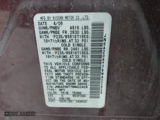 2006 Nissan Murano S with VIN JN8AZ08T76W422429, listed as a IAAI auction lot 41644127 with 251,135 mi miles. Bid and sale history available at carsss.com. Image 9.