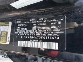 2015 Kia Optima LX with VIN 5XXGM4A75FG485653, listed as a IAAI auction lot 41082053 with 167,649 mi miles. Bid and sale history available at carsss.com. Image 9.