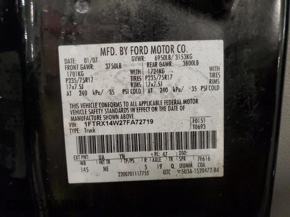 2007 Ford F-150 STX with VIN 1FTRX14W27FA72719, listed as a Copart auction lot 46789245 with 158,817 mi miles and Salvage Title. Bid and sale history available at carsss.com. Image 12.