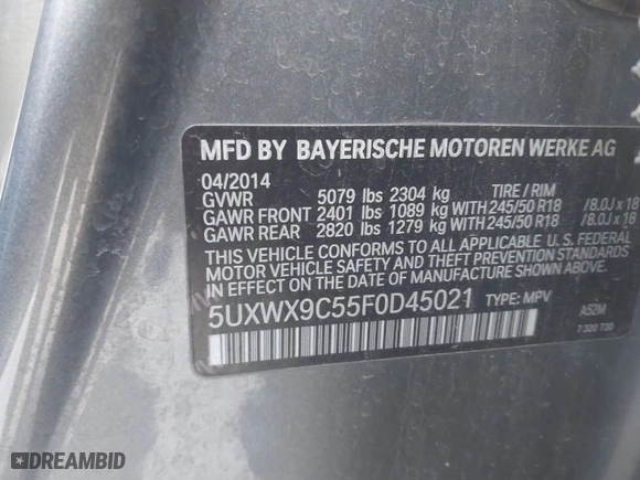 2015 BMW X3 xDrive28i with VIN 5UXWX9C55F0D45021, listed as a IAAI auction lot 41295825 with 101,521 mi miles. Bid and sale history available at carsss.com. Image 9.