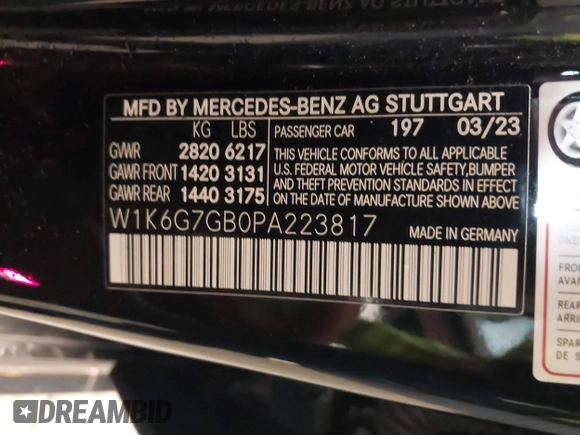 2023 Mercedes-Benz S-Class S 580 with VIN W1K6G7GB0PA223817, listed as a IAAI auction lot 41212198 with 8,010 mi miles. Bid and sale history available at carsss.com. Image 9.