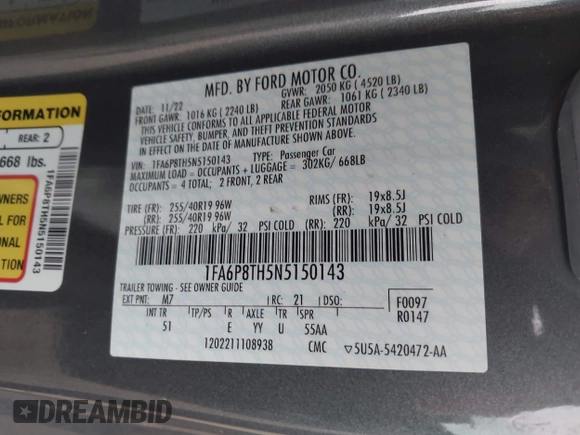 2022 Ford Mustang EcoBoost with VIN 1FA6P8TH5N5150143, listed as a IAAI auction lot 42516503 with Not provided miles and . Bid and sale history available at DreamBid. Image 9.