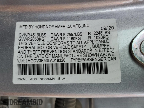 2020 Honda Accord EX-L with VIN 1HGCV3F53LA018320, listed as a Copart auction lot 53053555 with 72,635 mi miles and Salvage title. Bid and sale history available at DreamBid. Image 14.