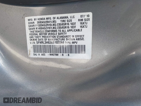 2010 Honda Odyssey EX-L with VIN 5FNRL3H62AB103044, listed as a IAAI auction lot 42199282 with 220,801 mi miles and . Bid and sale history available at DreamBid. Image 9.