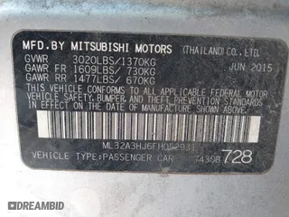 2015 Mitsubishi Mirage DE with VIN ML32A3HJ6FH052931, listed as a IAAI auction lot 41736742 with 267,006 mi miles. Bid and sale history available at carsss.com. Image 9.