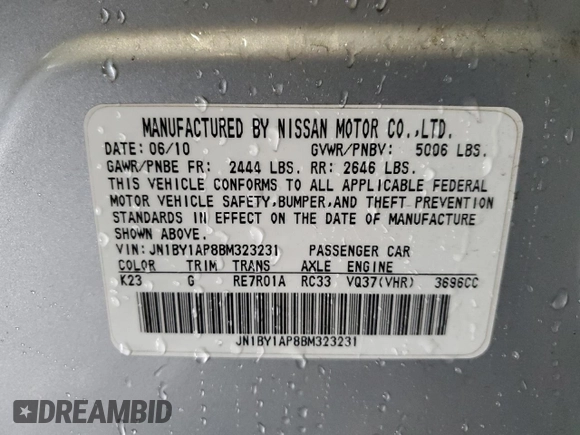 2011 Infiniti M37 with VIN JN1BY1AP8BM323231, listed as a Copart auction lot 79576154 with 178,572 mi miles and Salvage Title. Bid and sale history available at carsss.com. Image 12.