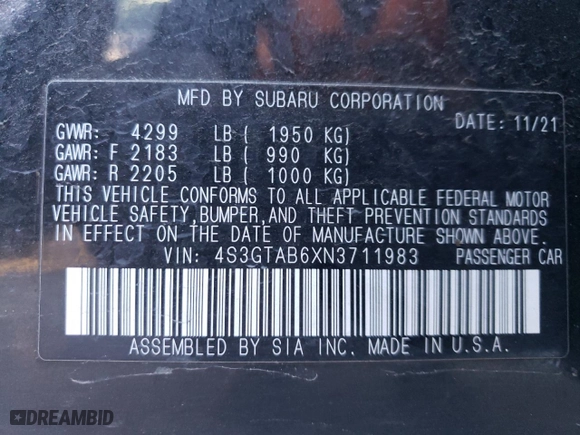 2022 Subaru Impreza with VIN 4S3GTAB6XN3711983, listed as a Copart auction lot 49180345 with 21,121 mi miles and Salvage Title. Bid and sale history available at carsss.com. Image 13.