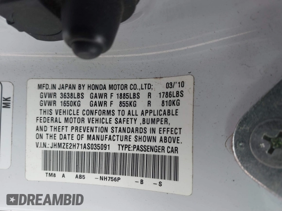 2010 Honda Insight EX with VIN JHMZE2H71AS035091, listed as a IAAI auction lot 41380128 with 181,653 mi miles and . Bid and sale history available at DreamBid. Image 9.
