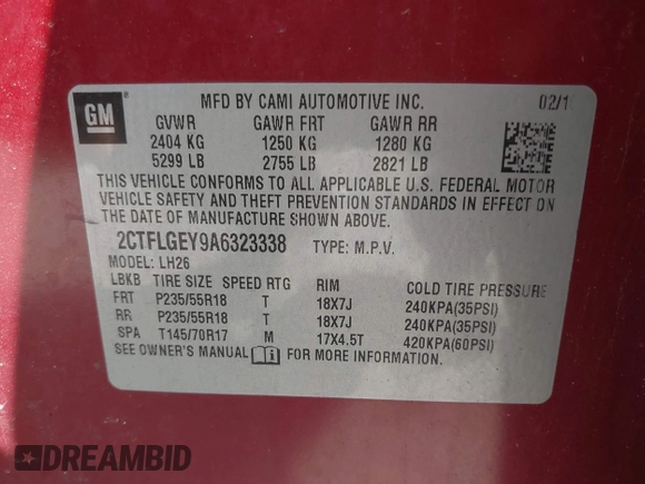 2010 GMC Terrain SLT-1 z VIN 2CTFLGEY9A6323338, wystawiony jako IAAI lot #42247553 z przebiegiem 181 110 mil mil oraz . Historia ofert i sprzedaży dostępna na DreamBid. Obrazek 9.