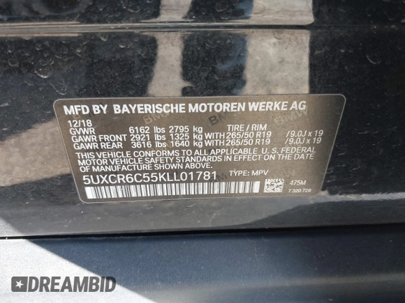 2019 BMW X5 xDrive40i with VIN 5UXCR6C55KLL01781, listed as a IAAI auction lot 38676093 with 1 mi miles. Bid and sale history available at carsss.com. Image 9.