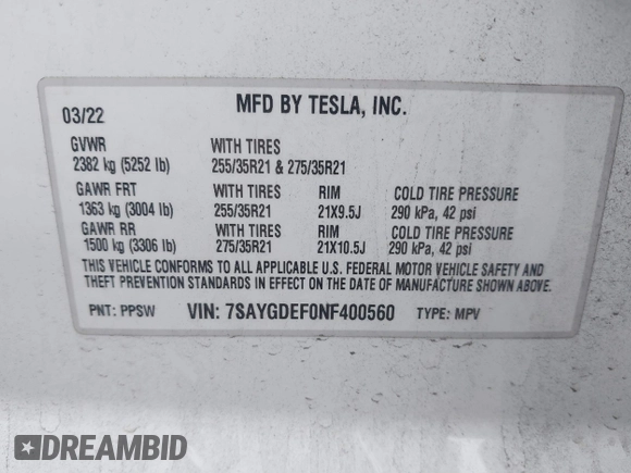 2022 Tesla Model Y Performance with VIN 7SAYGDEF0NF400560, listed as a IAAI auction lot 41783912 with 36,513 mi miles and . Bid and sale history available at DreamBid. Image 9.