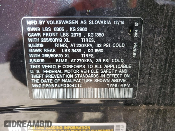 2015 Volkswagen Touareg Lux с VIN WVGEP9BP4FD004212, выставлен на аукционе Copart как лот 54021345 с пробегом 156 164 миль миль и Списание • Salvage title. История ставок и продаж доступна на DreamBid. Изображение 14.