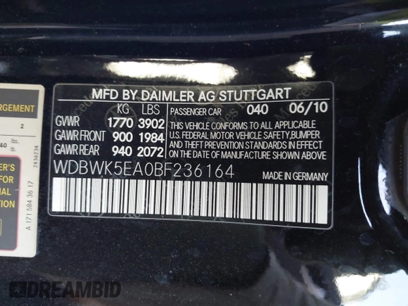 2011 Mercedes-Benz SLK 300 with VIN WDBWK5EA0BF236164, listed as a IAAI auction lot 42237943 with 96,189 mi miles and . Bid and sale history available at DreamBid. Image 9.