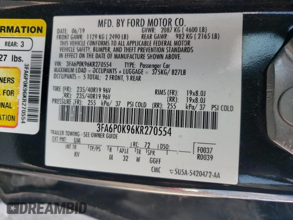 2019 Ford Fusion Titanium with VIN 3FA6P0K96KR270554, listed as a Copart auction lot 55976915 with 132,731 mi miles and Clean title. Bid and sale history available at DreamBid. Image 12.