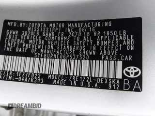 2016 Toyota Corolla L with VIN 5YFBURHE0GP537520, listed as a IAAI auction lot 42110326 with 171,964 mi miles and . Bid and sale history available at DreamBid. Image 9.