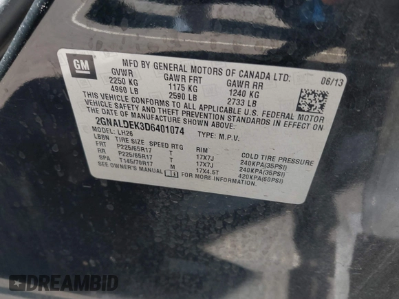 2013 Chevrolet Equinox LT with VIN 2GNALDEK3D6401074, listed as a IAAI auction lot 42005127 with 152,828 mi miles. Bid and sale history available at carsss.com. Image 9.