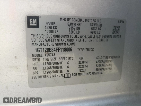 2015 GMC Sierra 2500HD Denali z VIN 1GT120E84FF118006, wystawiony jako Copart lot #57758415 z przebiegiem 190 147 mil mil oraz Szkoda całkowita • Salvage title. Historia ofert i sprzedaży dostępna na DreamBid. Obrazek 13.