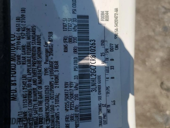 2012 Lincoln MKZ with VIN 3LNHL2GC7CR810263, listed as a Copart auction lot 61065585 with 78,134 mi miles and Salvage title. Bid and sale history available at DreamBid. Image 13.