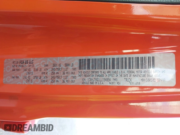 2020 Jeep Gladiator Sport S с VIN 1C6HJTAG1LL154854, выставлен на аукционе IAAI как лот 42272169 с пробегом 66 909 миль миль и . История ставок и продаж доступна на DreamBid. Изображение 9.