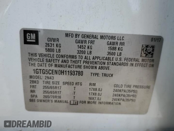 2017 GMC Canyon 2WD SLE with VIN 1GTG5CEN0H1193780, listed as a Copart auction lot 53747594 with 115,135 mi miles and Salvage Title. Bid and sale history available at carsss.com. Image 12.