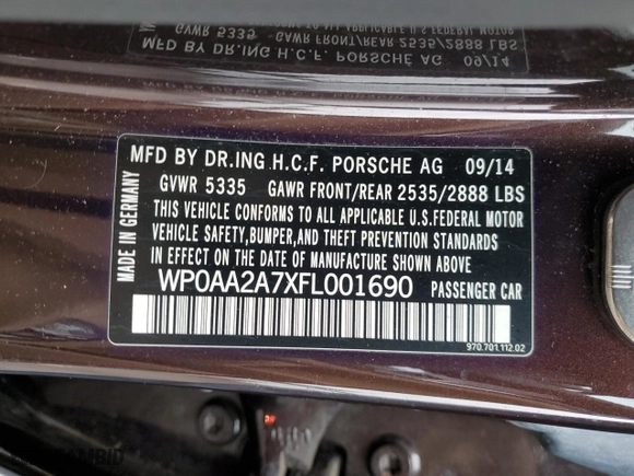 2015 Porsche Panamera 4 with VIN WP0AA2A7XFL001690, listed as a Copart auction lot 40765024 with 86,770 mi miles. Bid and sale history available at carsss.com. Image 12.