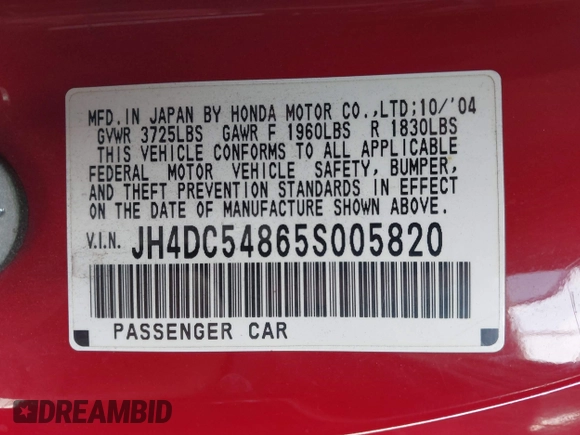 2005 Acura RSX with VIN JH4DC54865S005820, listed as a IAAI auction lot 42240712 with 240,933 mi miles and . Bid and sale history available at DreamBid. Image 9.