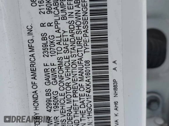 2019 Honda Accord EX z VIN 1HGCV1F4XKA160108, wystawiony jako Copart lot #57134665 z przebiegiem 152 412 mil mil oraz Szkoda całkowita • Salvage title. Historia ofert i sprzedaży dostępna na DreamBid. Obrazek 13.