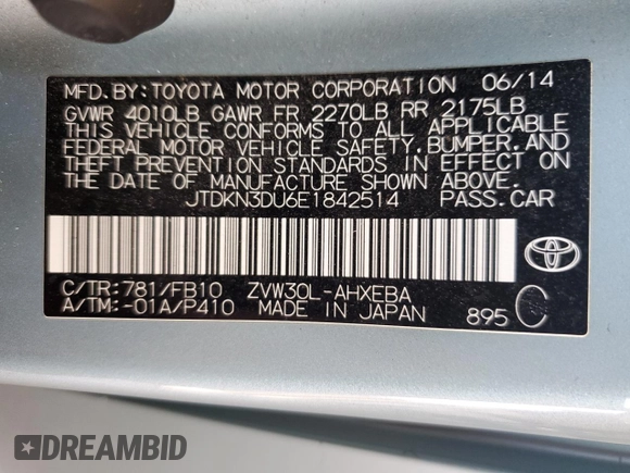 2014 Toyota Prius Four with VIN JTDKN3DU6E1842514, listed as a Copart auction lot 57185995 with 241,125 mi miles and Clean Title. Bid and sale history available at DreamBid. Image 13.