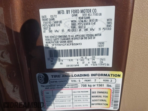 2012 Ford F-150 XL with VIN 1FTFW1CF3CFB32413, listed as a IAAI auction lot 41186089 with 155,012 mi miles. Bid and sale history available at carsss.com. Image 9.