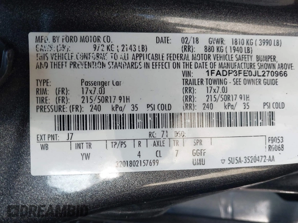 2018 Ford Focus SE with VIN 1FADP3FE0JL270966, listed as a IAAI auction lot 42206548 with 89,067 mi miles and . Bid and sale history available at DreamBid. Image 9.