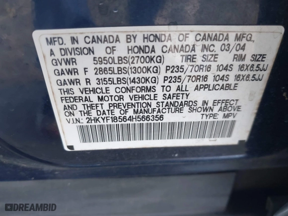 2004 Honda Pilot EX with VIN 2HKYF18564H566356, listed as a IAAI auction lot 41226359 with 363,625 mi miles. Bid and sale history available at carsss.com. Image 9.