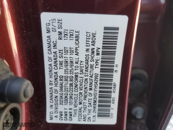 2015 Honda CR-V EX with VIN 2HKRM3H51FH542992, listed as a Copart auction lot 52028945 with 131,297 mi miles and Salvage Title. Bid and sale history available at carsss.com. Image 15.