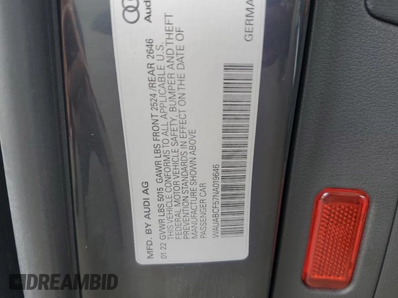 2022 Audi A5 Sportback Premium with VIN WAUABCF57NA019646, listed as a Copart auction lot 69119954 with 31,098 mi miles and Salvage Title. Bid and sale history available at carsss.com. Image 13.