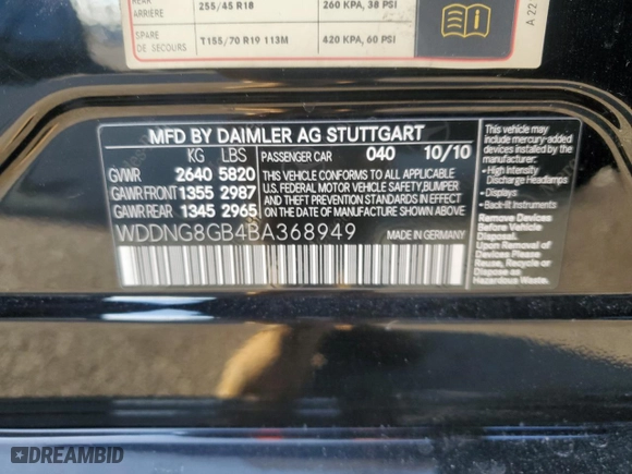 2011 Mercedes-Benz S-Class S 550 with VIN WDDNG8GB4BA368949, listed as a Copart auction lot 43427675 with 85,136 mi miles and Salvage Title. Bid and sale history available at carsss.com. Image 12.