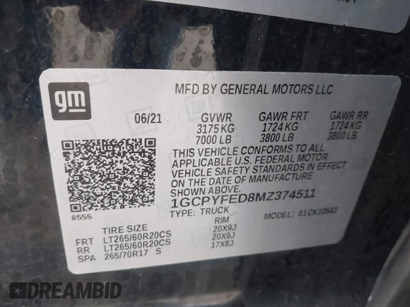 2021 Chevrolet Silverado 1500 LT Trail Boss with VIN 1GCPYFED8MZ374511, listed as a IAAI auction lot 41836003 with 53,161 mi miles and . Bid and sale history available at DreamBid. Image 9.
