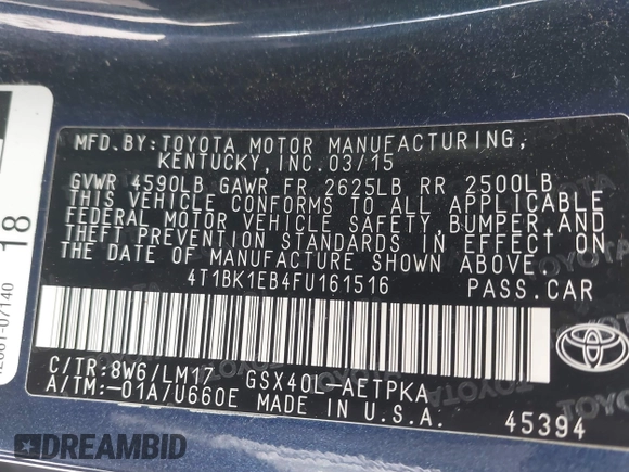 2015 Toyota Avalon Limited with VIN 4T1BK1EB4FU161516, listed as a IAAI auction lot 41648093 with 96,196 mi miles and . Bid and sale history available at DreamBid. Image 9.