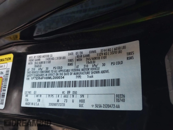 2021 Ford Ranger XL with VIN 1FTER4FH8MLD00034, listed as a IAAI auction lot 42450124 with 56,685 mi miles and . Bid and sale history available at DreamBid. Image 9.