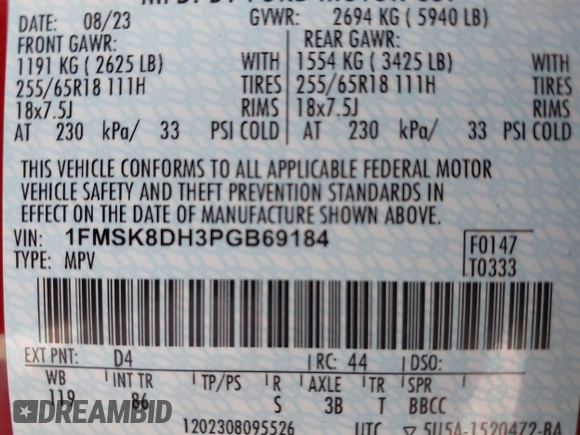 2023 Ford Explorer XLT with VIN 1FMSK8DH3PGB69184, listed as a IAAI auction lot 42674482 with 56,547 mi miles and . Bid and sale history available at DreamBid. Image 9.