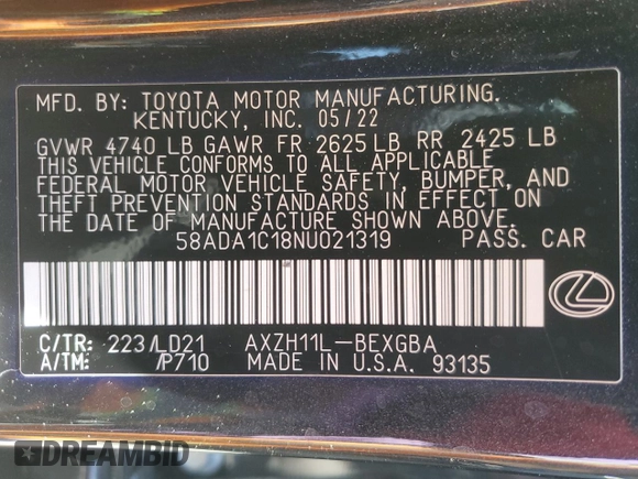 2022 Lexus ES 300h with VIN 58ADA1C18NU021319, listed as a Copart auction lot 57844055 with 21,172 mi miles and Salvage title. Bid and sale history available at DreamBid. Image 12.