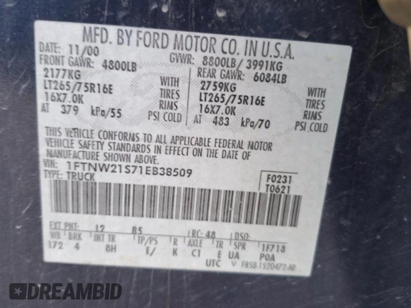 2001 Ford Super Duty F-250 XL with VIN 1FTNW21S71EB38509, listed as a Copart auction lot 81579944 with 204,707 mi miles and Salvage Title. Bid and sale history available at carsss.com. Image 14.