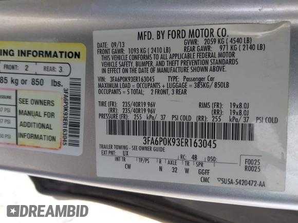 2014 Ford Fusion Titanium with VIN 3FA6P0K93ER163045, listed as a IAAI auction lot 42023862 with 171,543 mi miles. Bid and sale history available at carsss.com. Image 9.