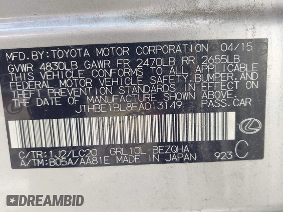 2015 Lexus GS 350 z VIN JTHBE1BL8FA013149, wystawiony jako IAAI lot #41893525 z przebiegiem 176 658 mil mil oraz . Historia ofert i sprzedaży dostępna na DreamBid. Obrazek 9.