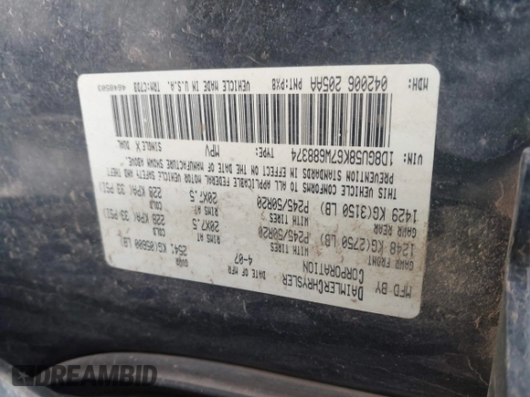 2007 Dodge Nitro SLT with VIN 1D8GU58K67W688374, listed as a IAAI auction lot 41392892 with 97,402 mi miles. Bid and sale history available at carsss.com. Image 9.