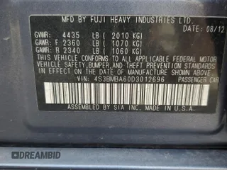 2013 Subaru Legacy 2.5i with VIN 4S3BMBA60D3012696, listed as a Copart auction lot 63797615 with 43,768 mi miles and Salvage title. Bid and sale history available at DreamBid. Image 12.